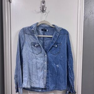 Two-Tone Distressed Denim Button-Up Shirt